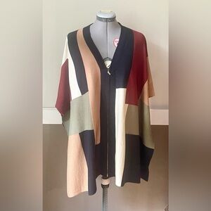 NY Collection Fall Poncho Sweater Jacket Coat Full Zip Size S Colorblock Shawl
